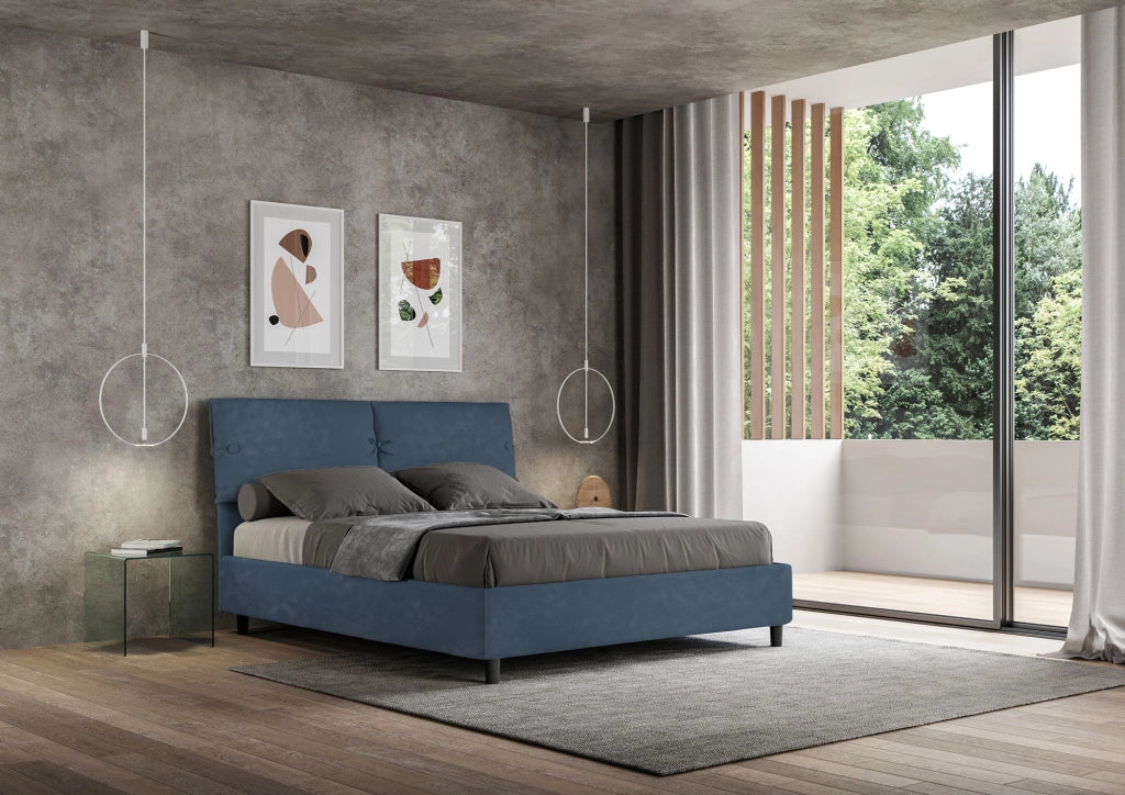 BS COM Letto matrimoniale senza rete imbottito 160x210 microfibra blu