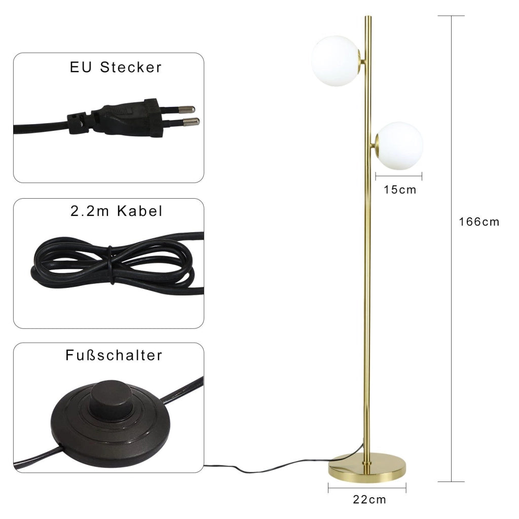 ZMH Lampada da terra design oro 2 fiamme E27 stile retrò per camera da letto e corridoio
