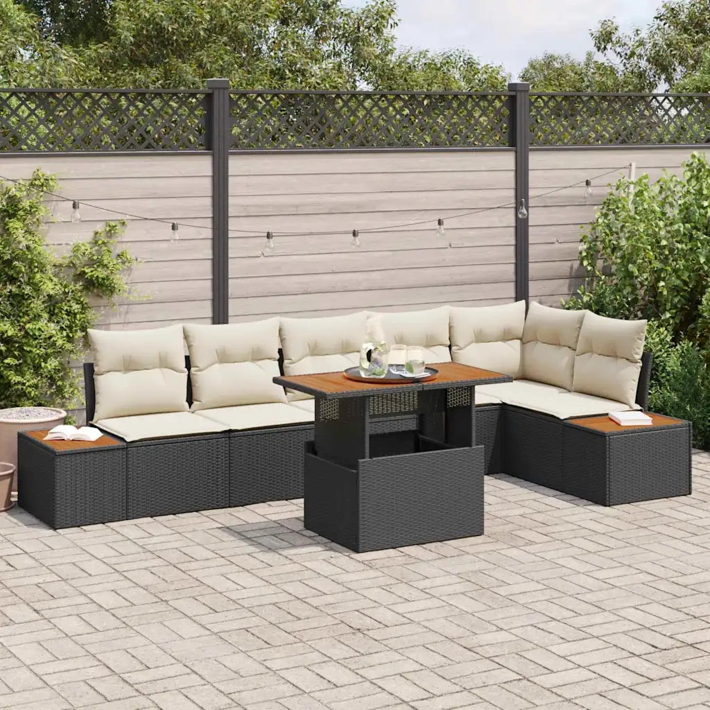 Set da Pranzo per Giardino con cuscino 7 pcs Nero e Beige