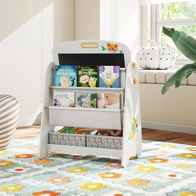 Set Tavolo e Sedia per Bambini, Lavagnetta Cancellabile Bambini con Sedia, Scaffale, 2 Contenitori in Tessuto, Gomma e Gessetti, Tavolino per Cameretta (Naturale)