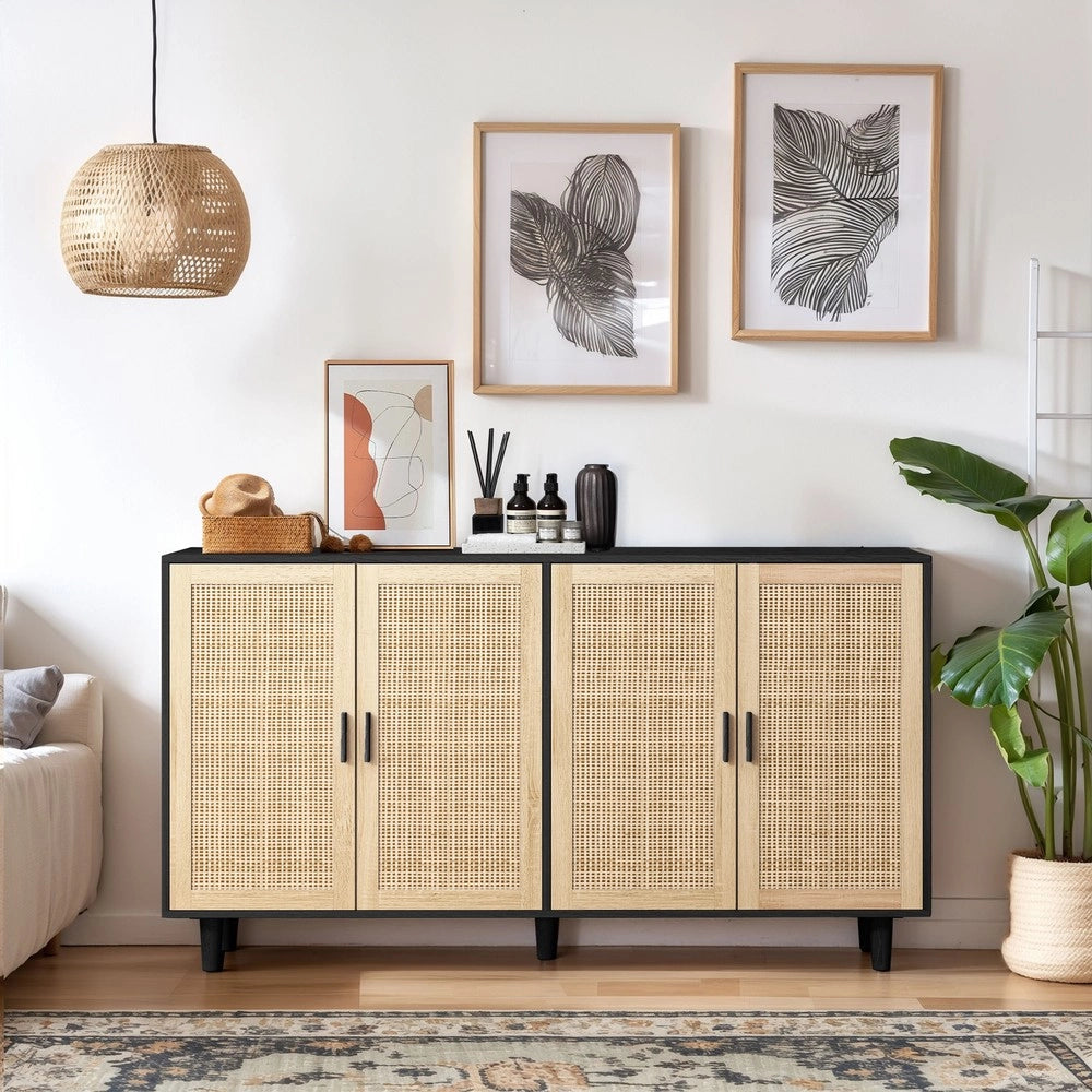 Armadio a 4 Ante in Rattan con Ripiani ¨C MINIMAL ¨C Nero, 158 cm