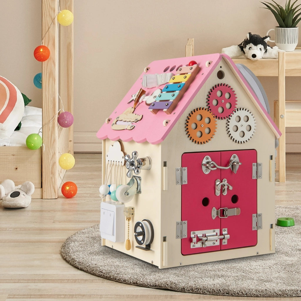 Casa giocattolo in legno degli ingranaggi-Montessori con giochi sensoriali e spazio interno per bambini Rosa