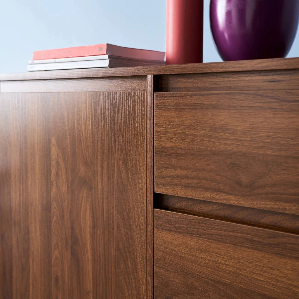Credenza decorazione legno 2 ante 3 cassetti 150cm, noce