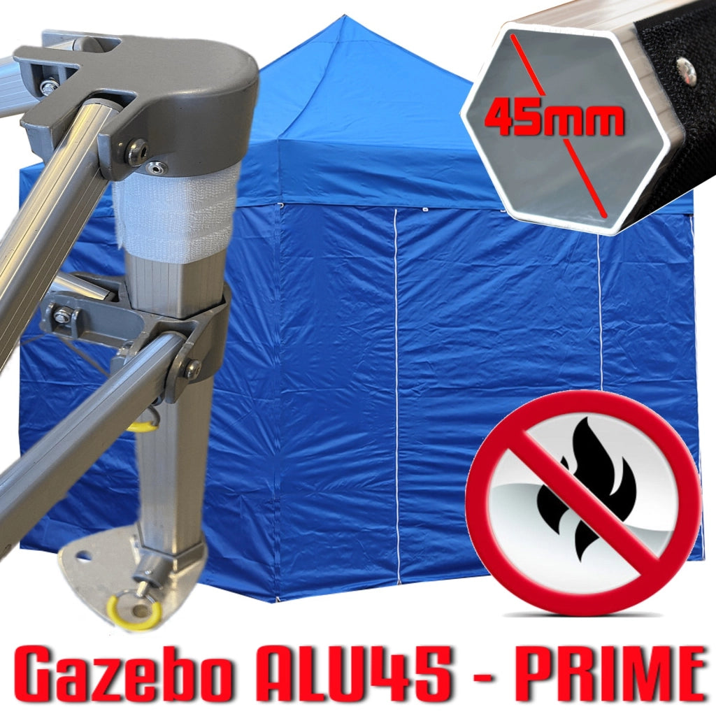 Gazebo 3x3 m blu certificato IGNIFUGO pieghevole alluminio piantone esagonale 45mm portatile estendibile richiudibile estensibile acciaio con laterali per fiere eventi stand chiosco tenda tendone mercato mercatino