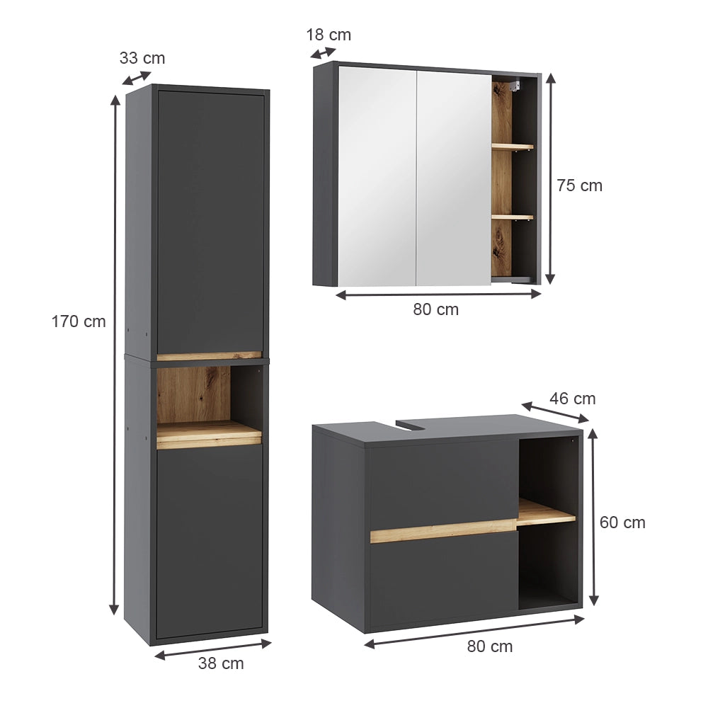 Vicco Set di mobili da bagno Grigio/Artisan 3 parti