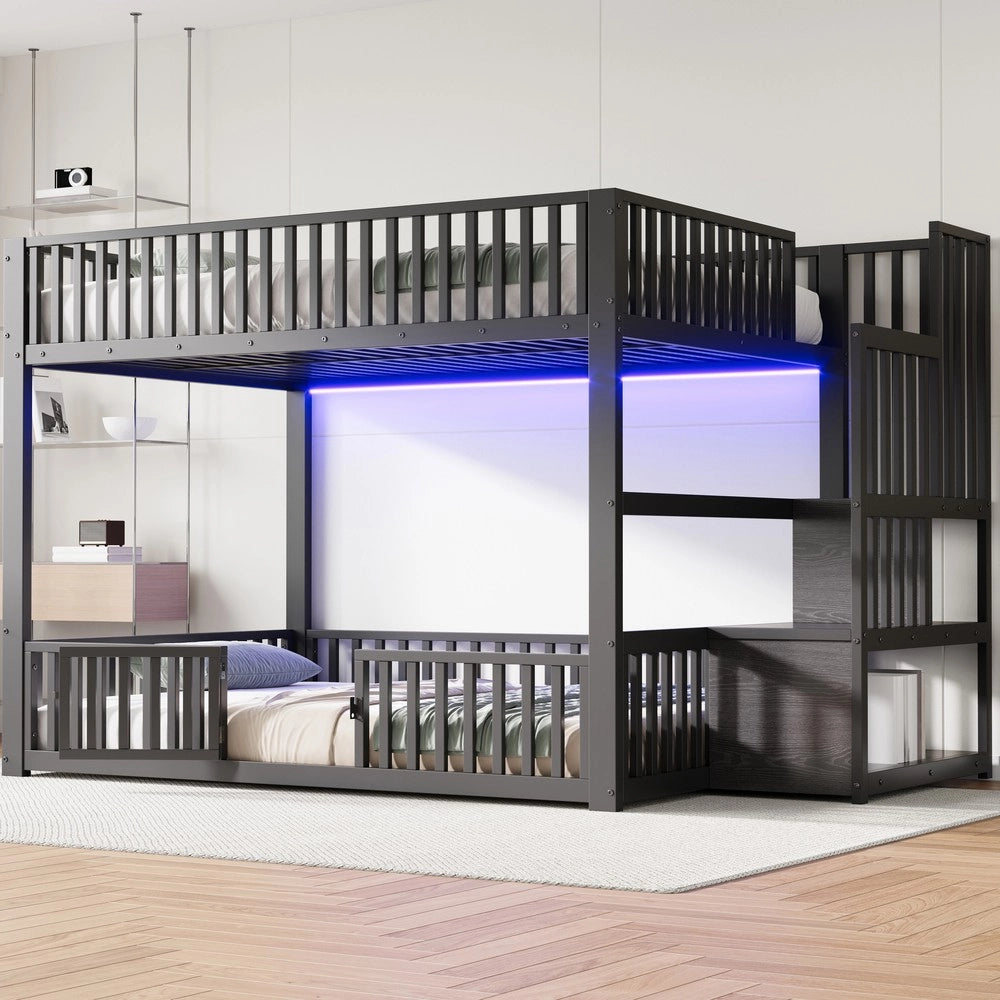 Letto a Castello con LED e Scala Contenitore ¨C Xylo ¨C Nero 140x200