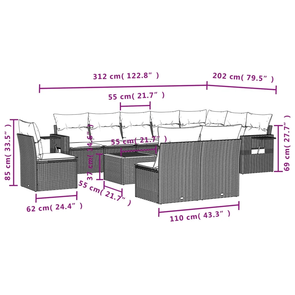 Set Divani da Giardino 11 pz con Cuscini in Polyrattan Nero 3256944