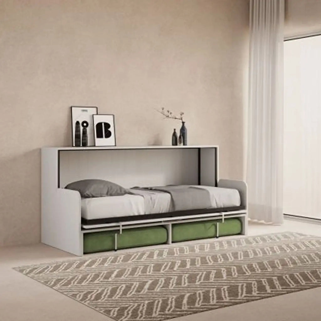 Letto singolo a scomparsa Kando con divano bianco frassino, verde