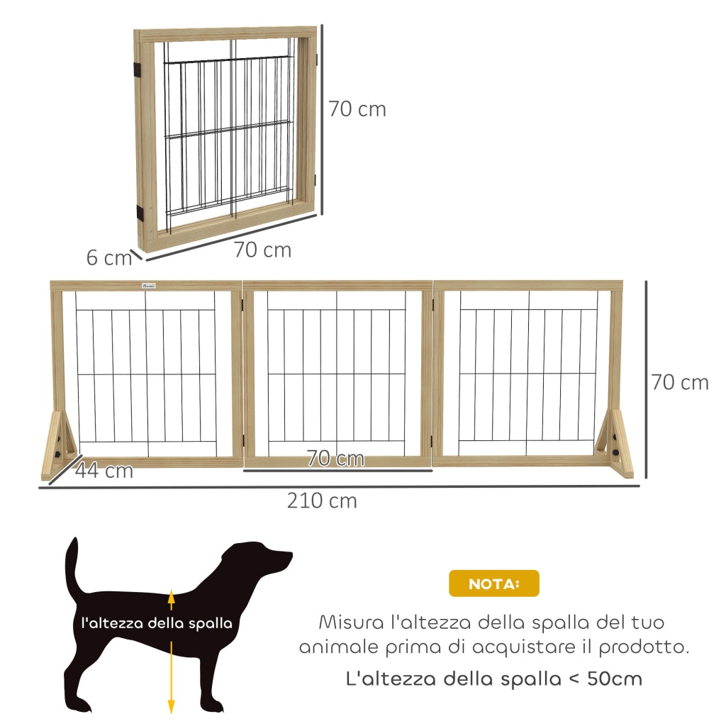 Cancellino Pieghevole per Cani ¨C Xylo ¨C 3 Pannelli, Legno Naturale, 210x70 cm