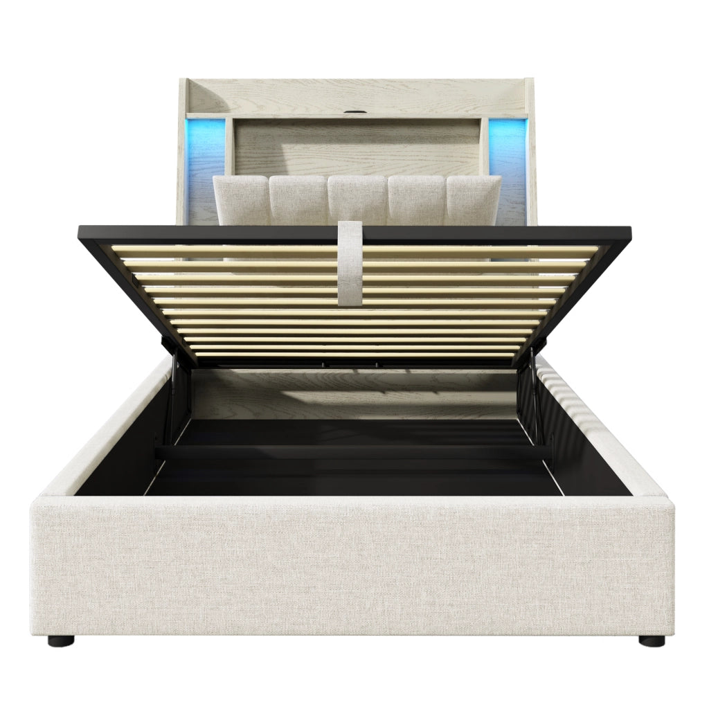 LETTO imbottito 90x200 cm Beige in lino e MDF con USB, LED e vano contenitore