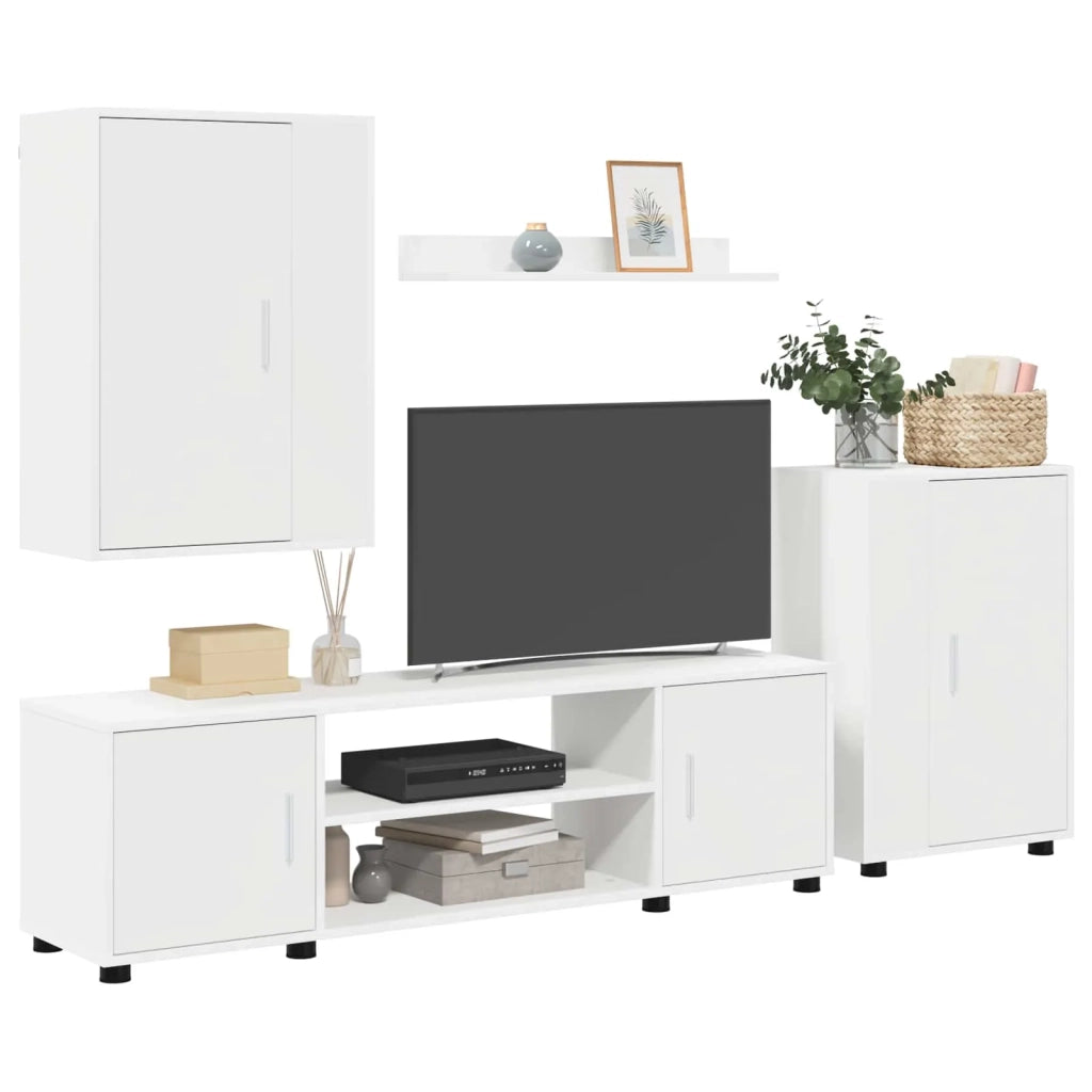 Set mobile TV Montaggio a parete 4 pcs Bianco Legno multistrato 3397896