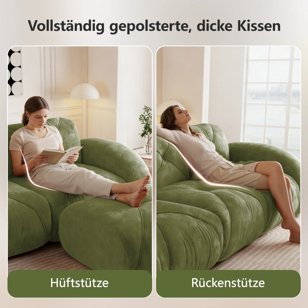 Divano modulare 2 posti con 2 pouf; schiuma 32D; tessuto chenille; verde