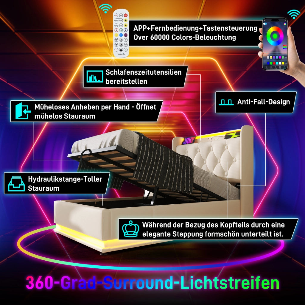 LETTO 90x200 cm con LED, USB Tipo-C, PU bianco, contenitore idraulico