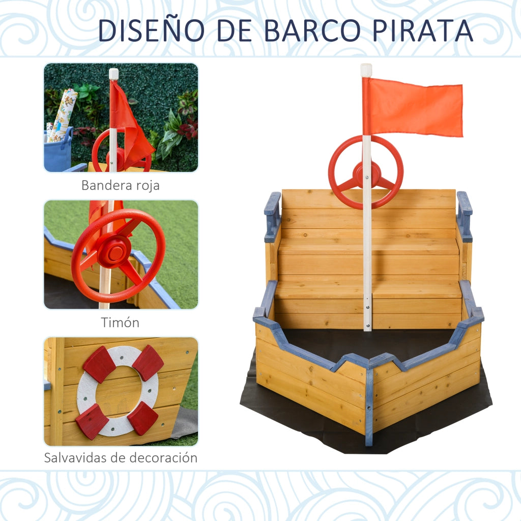 Arenero per Bambini in Legno con Bandiera e Timone ¨C zephmum ¨C Naturale 158x78x45,5 cm