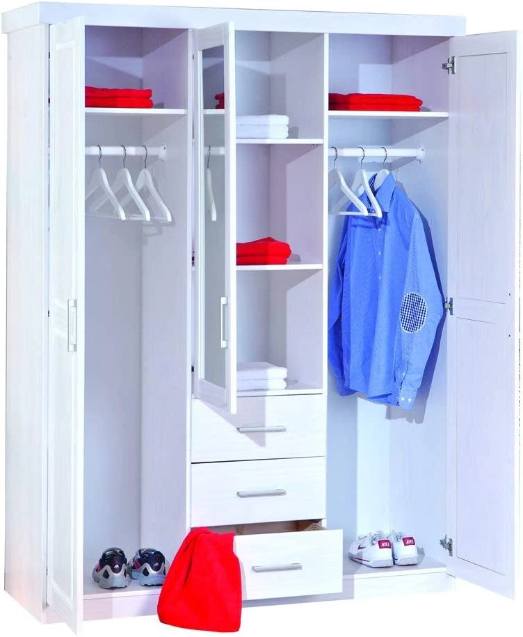 ARMADIO GERALDO 2 ANTE + 3 CASSETTI CON SPECCHIO 140x55x190H PINO MASSELLO BIANCO INTER LINK