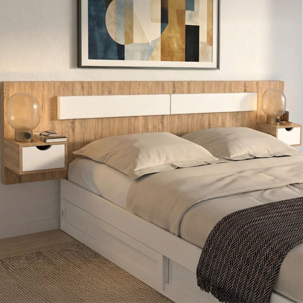 IDMarket - Testata sospesa SANTA con comodini per letti da 140, 160 e 180 cm in legno e bianco