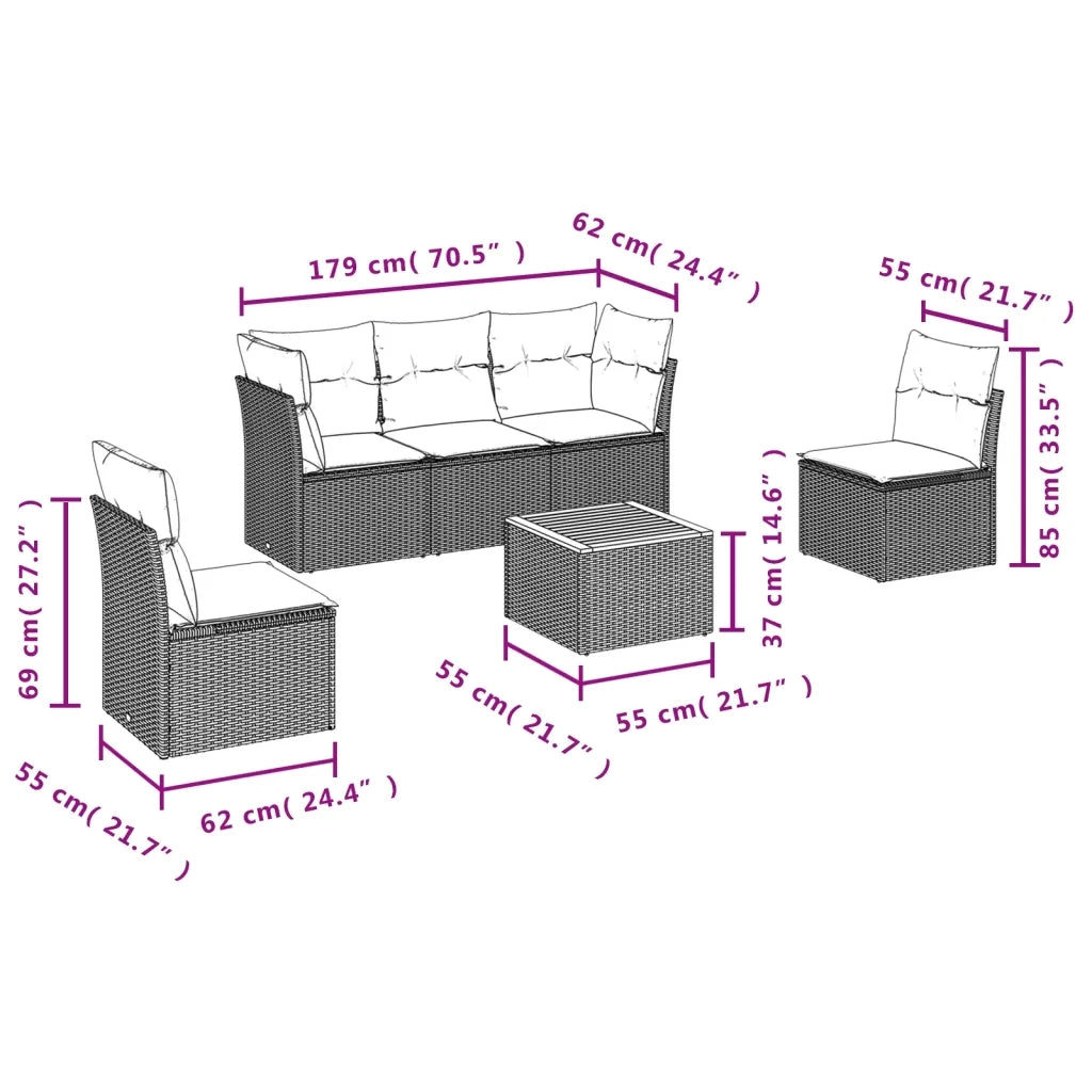 Set Divano da Giardino 6 pz con Cuscini Nero in Polyrattan 3223542