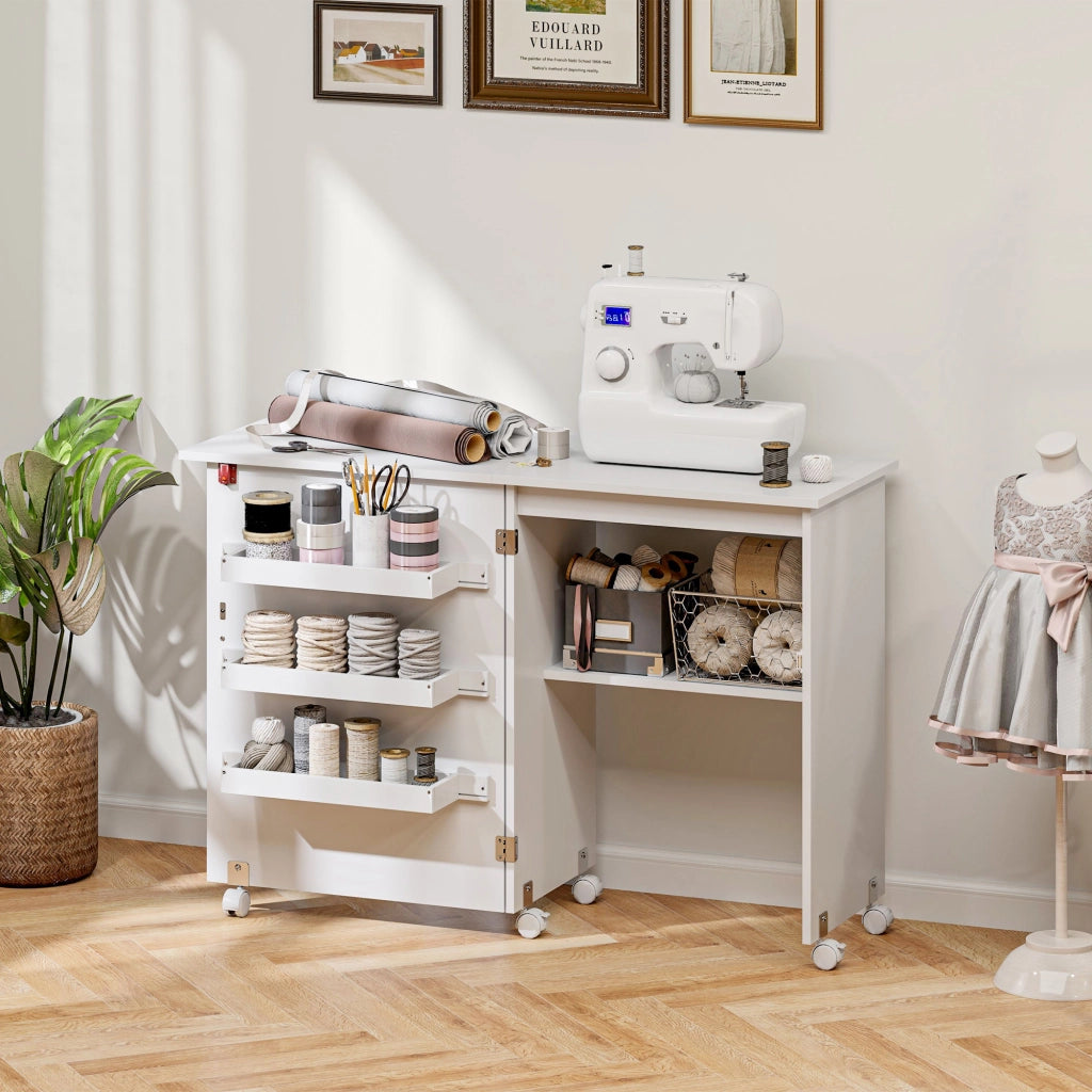 Tavolo da cucito pieghevole con ripiani e ruote ¨C Minimal ¨C bianco