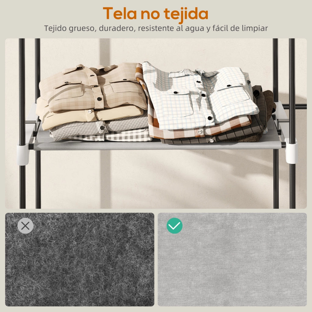 Armadio guardaroba aperto ¨C Xylo ¨C 4 ripiani in tessuto, 3 barre appendiabiti, struttura in metallo, grigio chiaro, 142x43x185 cm