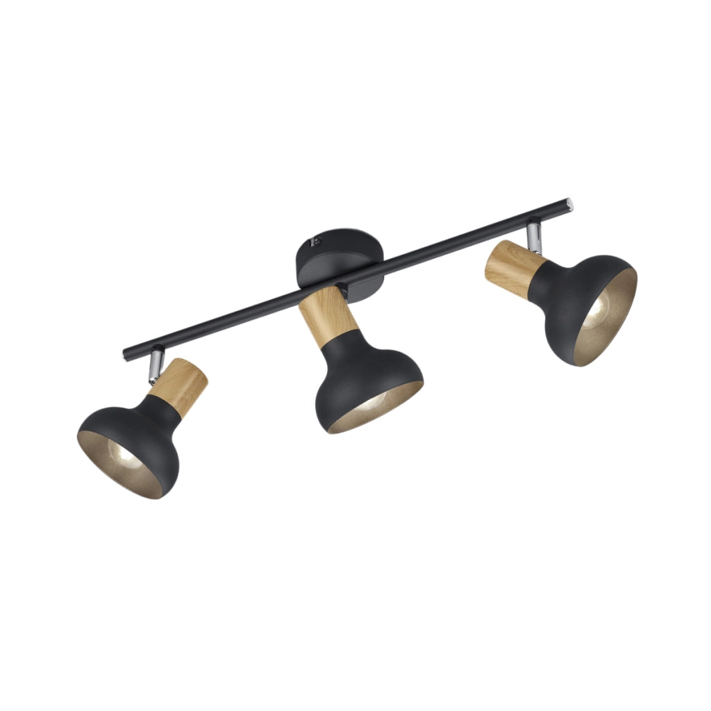 Faretto soffitto a barra 3 luci orientabile nero/legno E14 RL