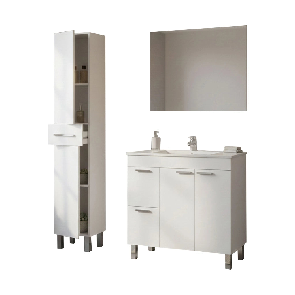 Lomello, set Mobili Bagno Specchio Incluso, Bianco Lucido