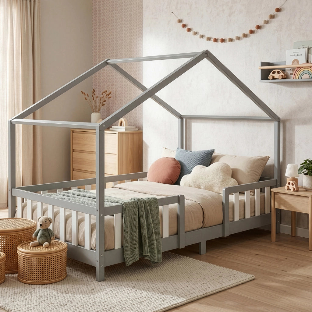 Letto per Cameretta Treviolo a Forma di Casetta in Stile Montessori 140x200 cm Grigio Chiaro/Bianco [en.casa]
