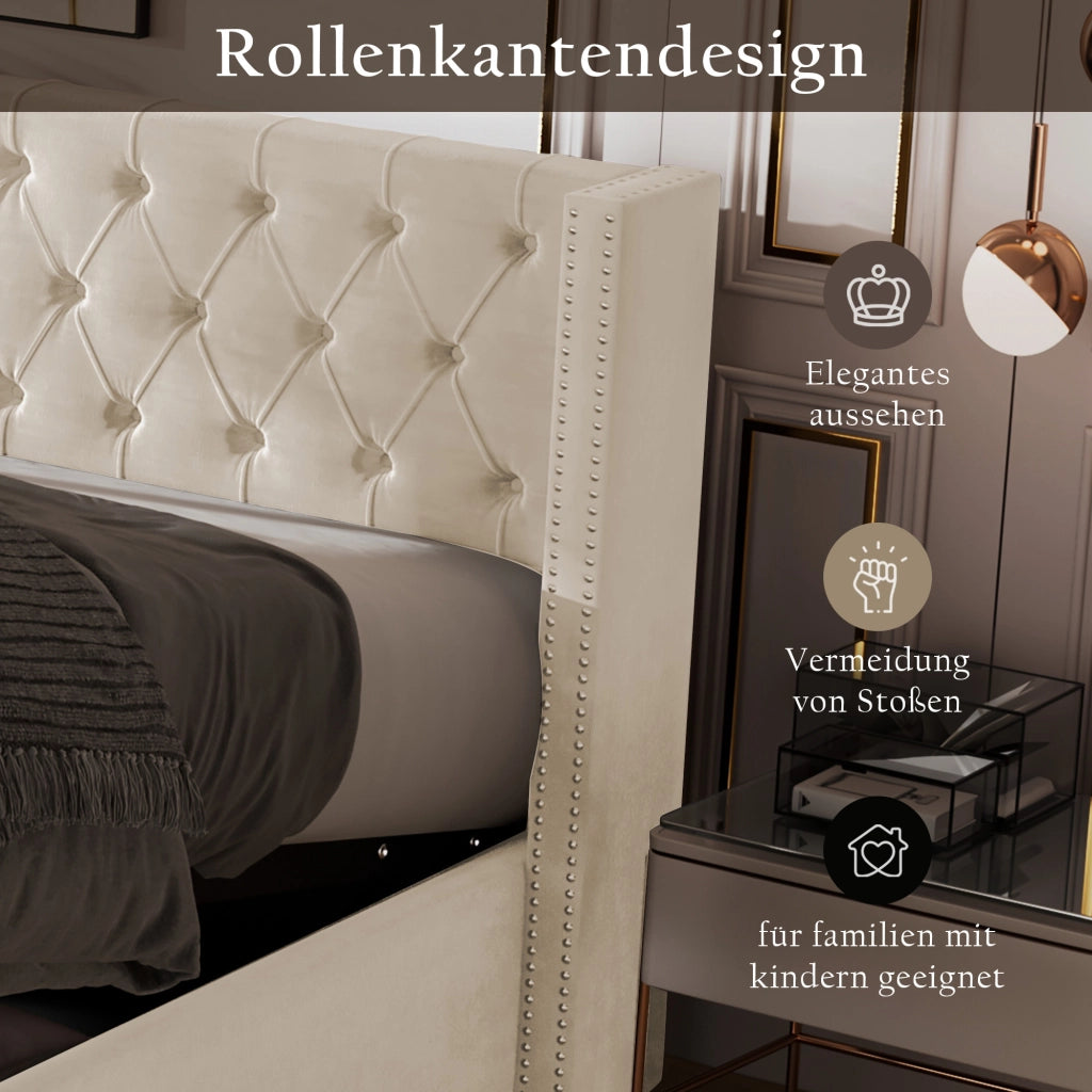 LETTO Imbottito Contenitore 160x200 cm Velluto Beige