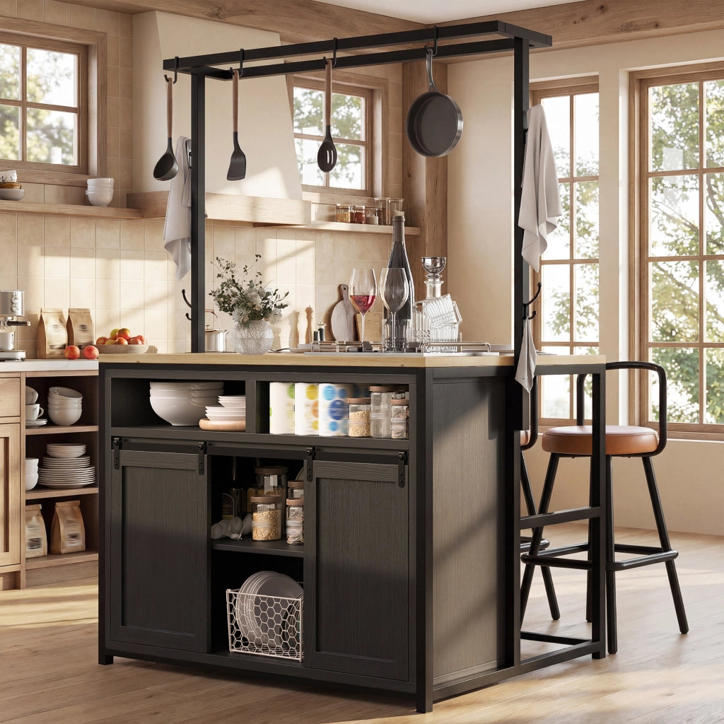Colonna da cucina con prese elettriche, ripiani aperti e ante scorrevoli, MDF e metallo nero 107 × 62 × 183 cm