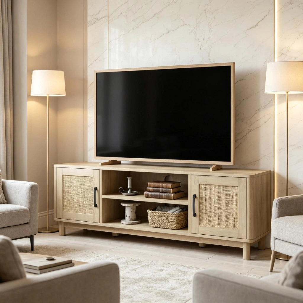 Mobile TV con vani aperti e armadietti; rattan e pannello truciolare color rovere per TV fino a 65 pollici 135 × 39 × 45 cm