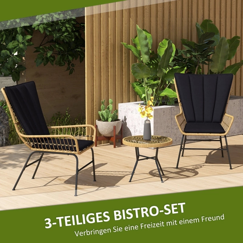OKWISH Set da 3 Sedie da Giardino con 2 Poltrone, Tavolino Rotondo, Cuscini e Rattan Nero