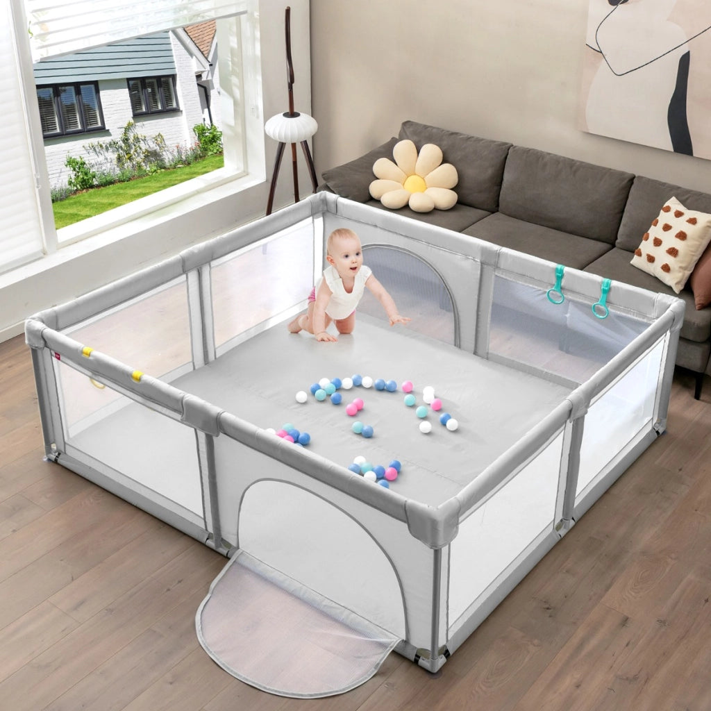 Box sicurezza interno grigio e tappeto gioco pieghevole, Box bambini interno grigio e tappeto impermeabile-Per i neonati
