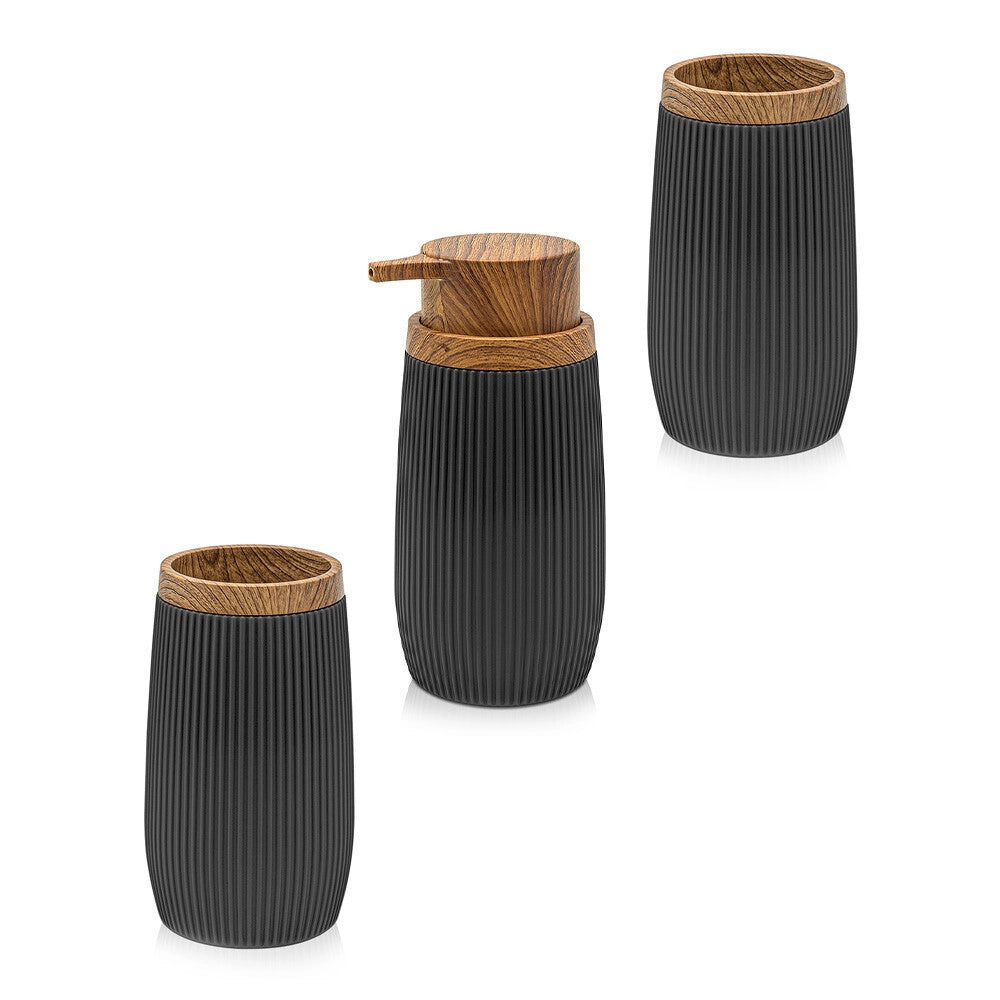 Set accessori bagno in plastica nero con dispenser sapone e due portaspazzolini Blob