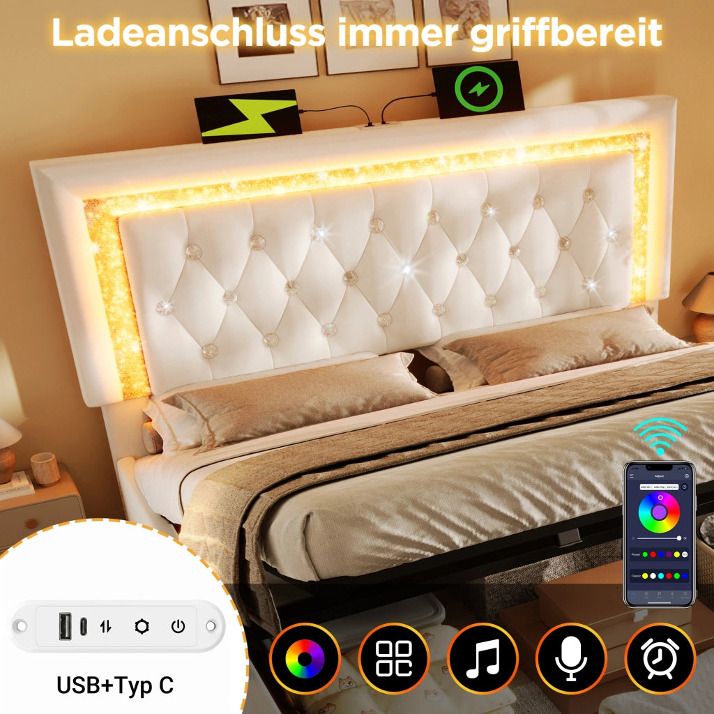 LETTO Contenitore 160x200 cm in velluto beige con materasso, LED, USB e Type-C