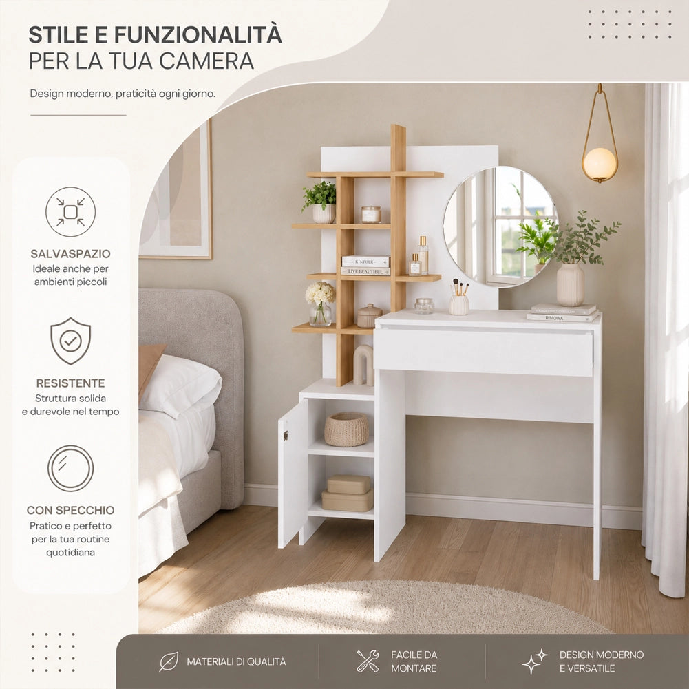 Postazione Make Up con Specchio Rotondo Bianco e Mensole Quercia 105x35x151 cm