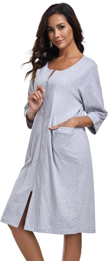 Camicia da notte per donna con zip, giacca da camera leggera, camicia da notte in cotone 100%, con maniche 3/4 e tasche (grigia, L)
