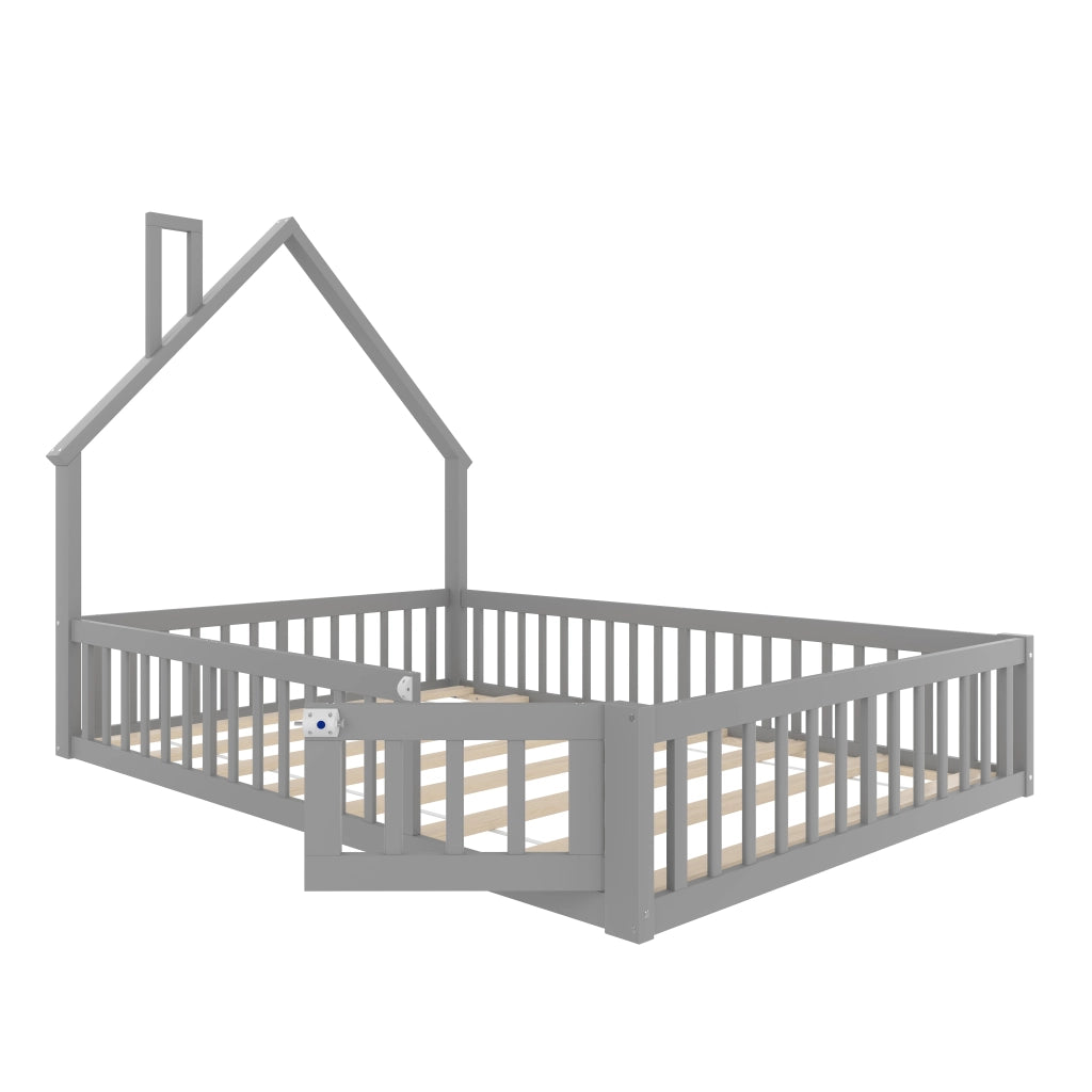 Letto per bambini 140 x 190 cm con forma camino, rete a doghe, grigio