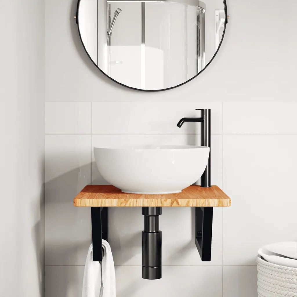 Ripiano a Parete per Lavabo-Mensole a Muro in Acciaio e Massello di Rovere 204730