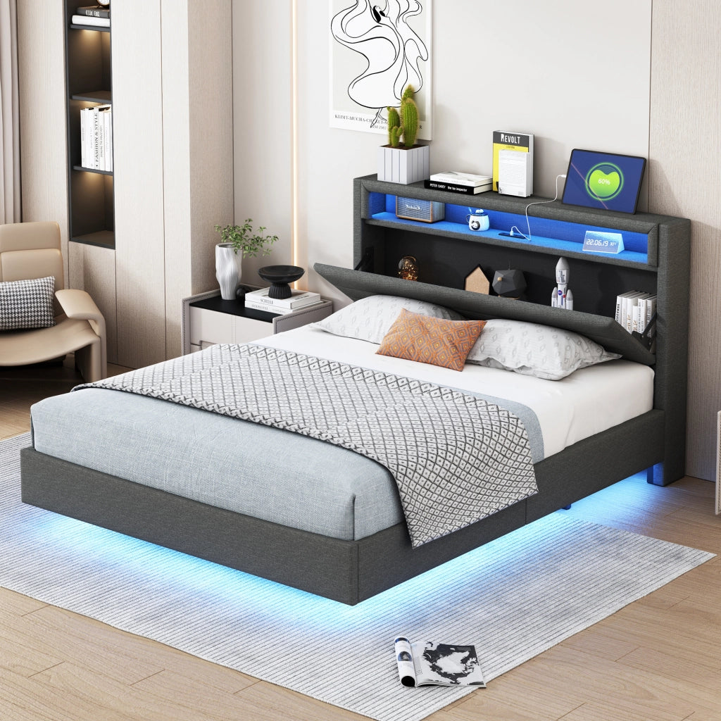 Letto imbottito 140x200 cm grigio con presa USB, luci LED e testiera reversibile