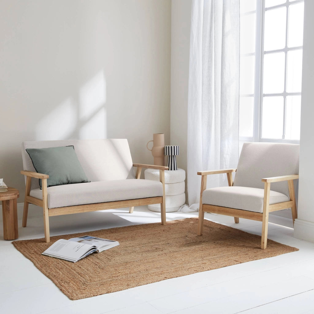 Set panca e poltrona in legno e tessuto, 3 posti, beige