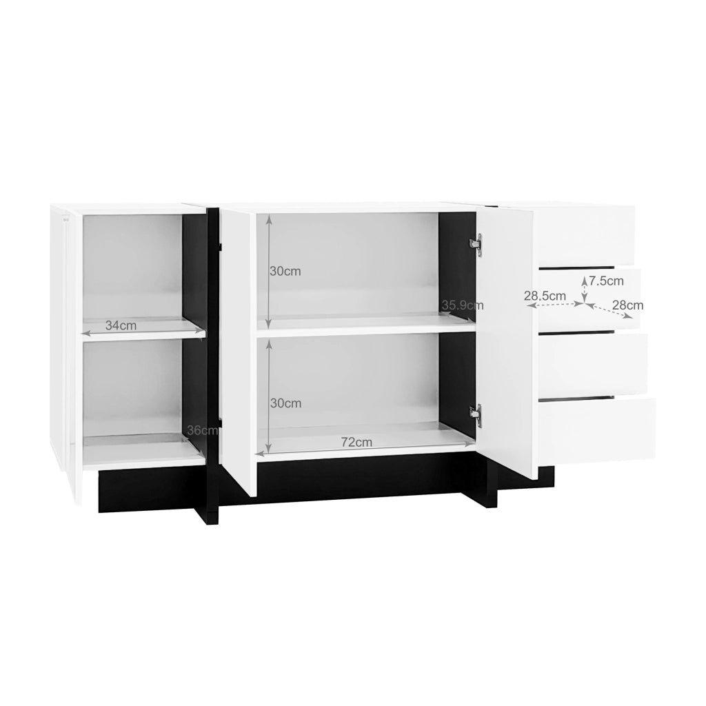 Credenza bianca lucida con 2 ante e 4 cassetti, design moderno, struttura in MDF e pannelli truciolari, 150 x 40 x 80,5 cm