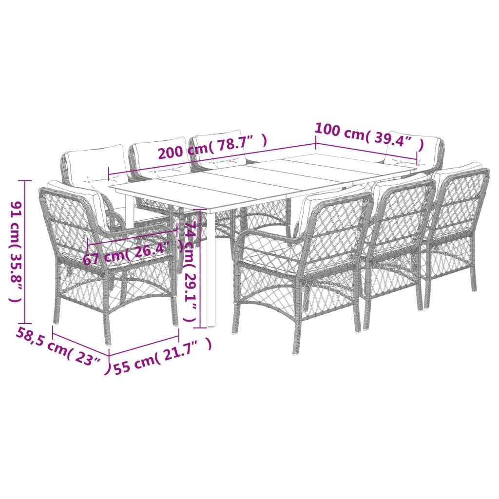 Set da Pranzo da Giardino 9 pz con Cuscini in Polyrattan Grigio