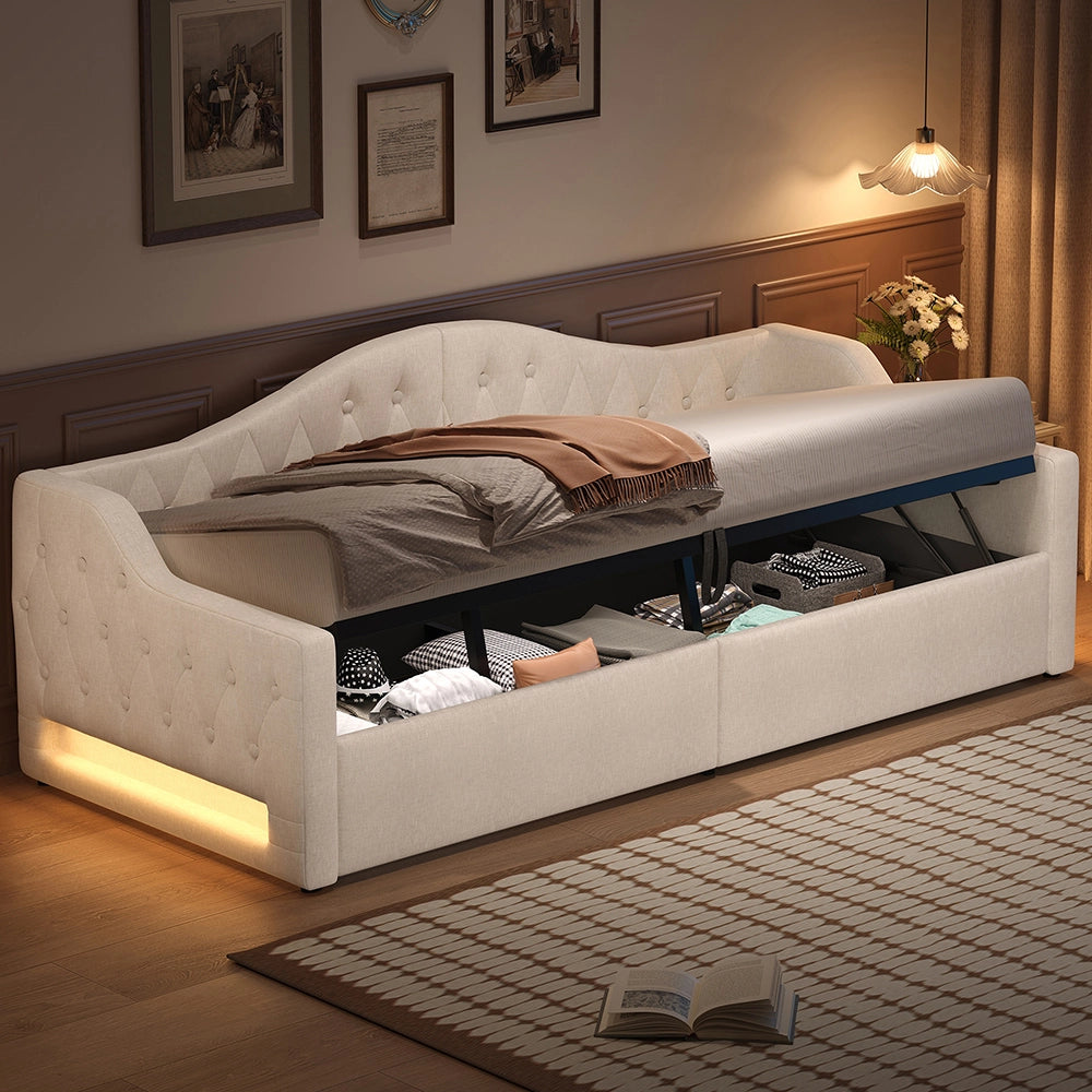 Letto imbottito - Xylo - 90x200cm LED con contenitore, beige