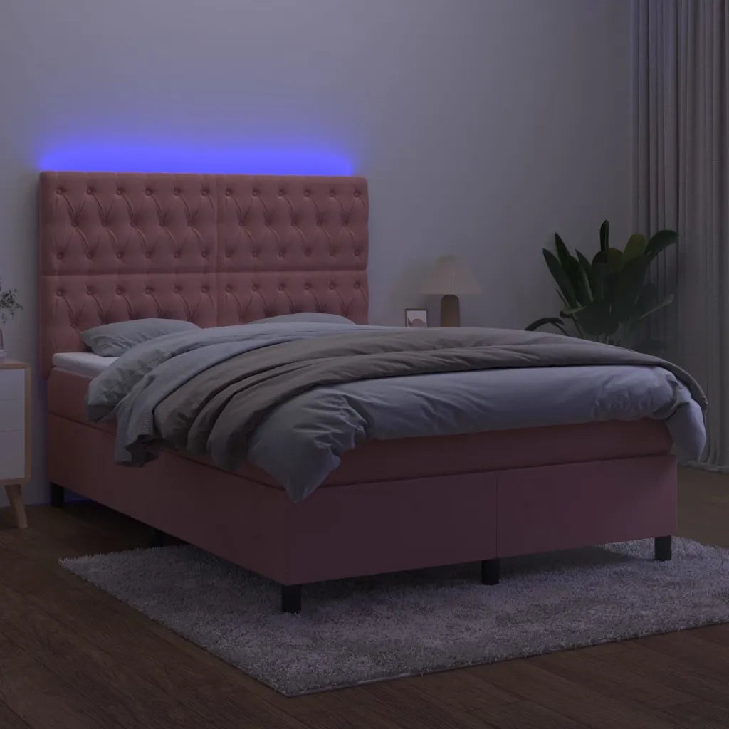 Letto a Molle con Materasso e LED Rosa 140x200 cm in Velluto 3136310