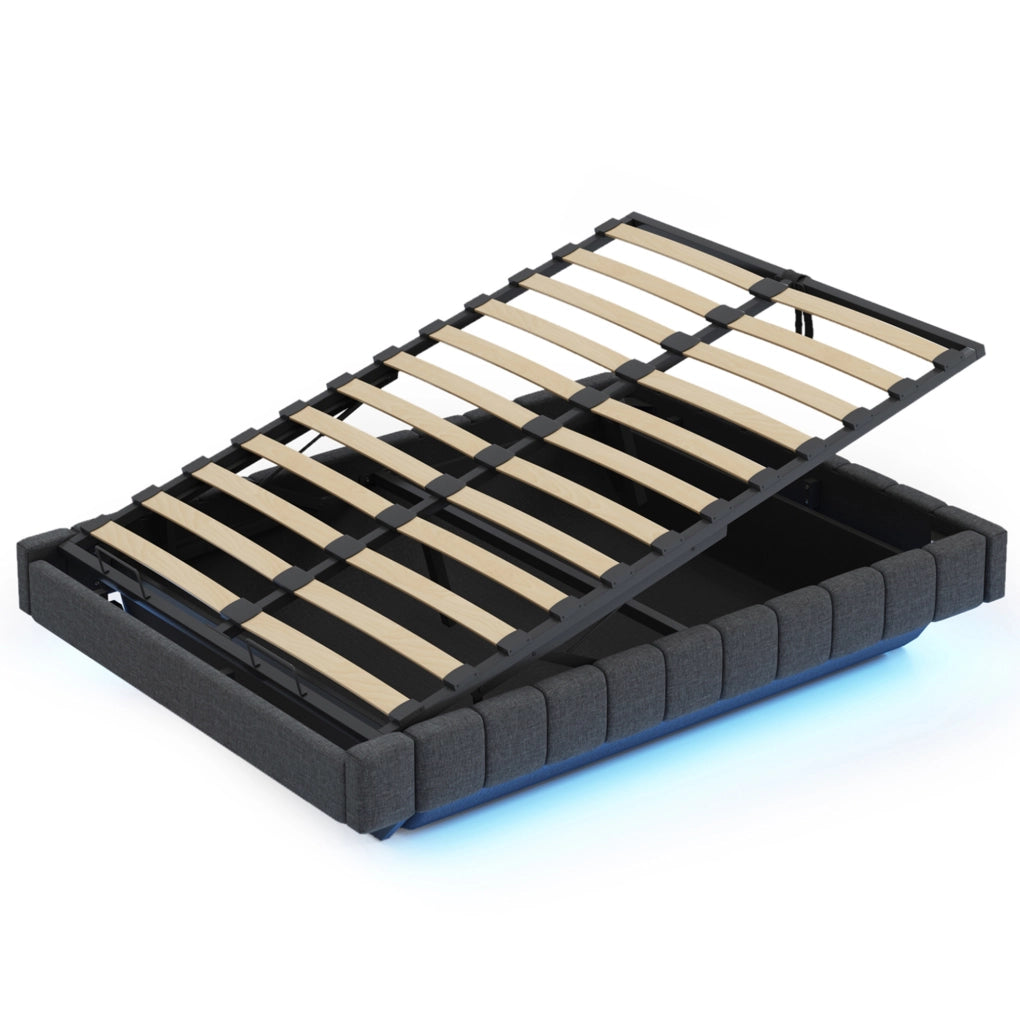 Letto imbottito sospeso 140x200 cm con LED e contenitore