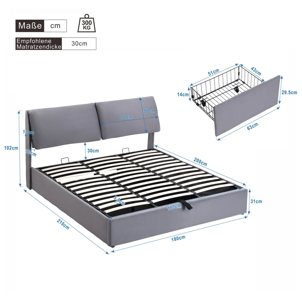 LETTO Contenitore idraulico 180x200 cm in velluto grigio con 3 cassetti