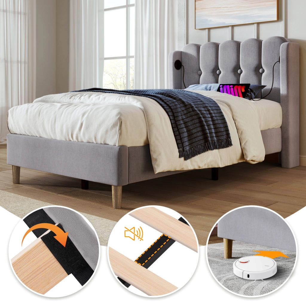 LETTO Imbottito 90x200 cm Grigio in lino con USB e USB-C