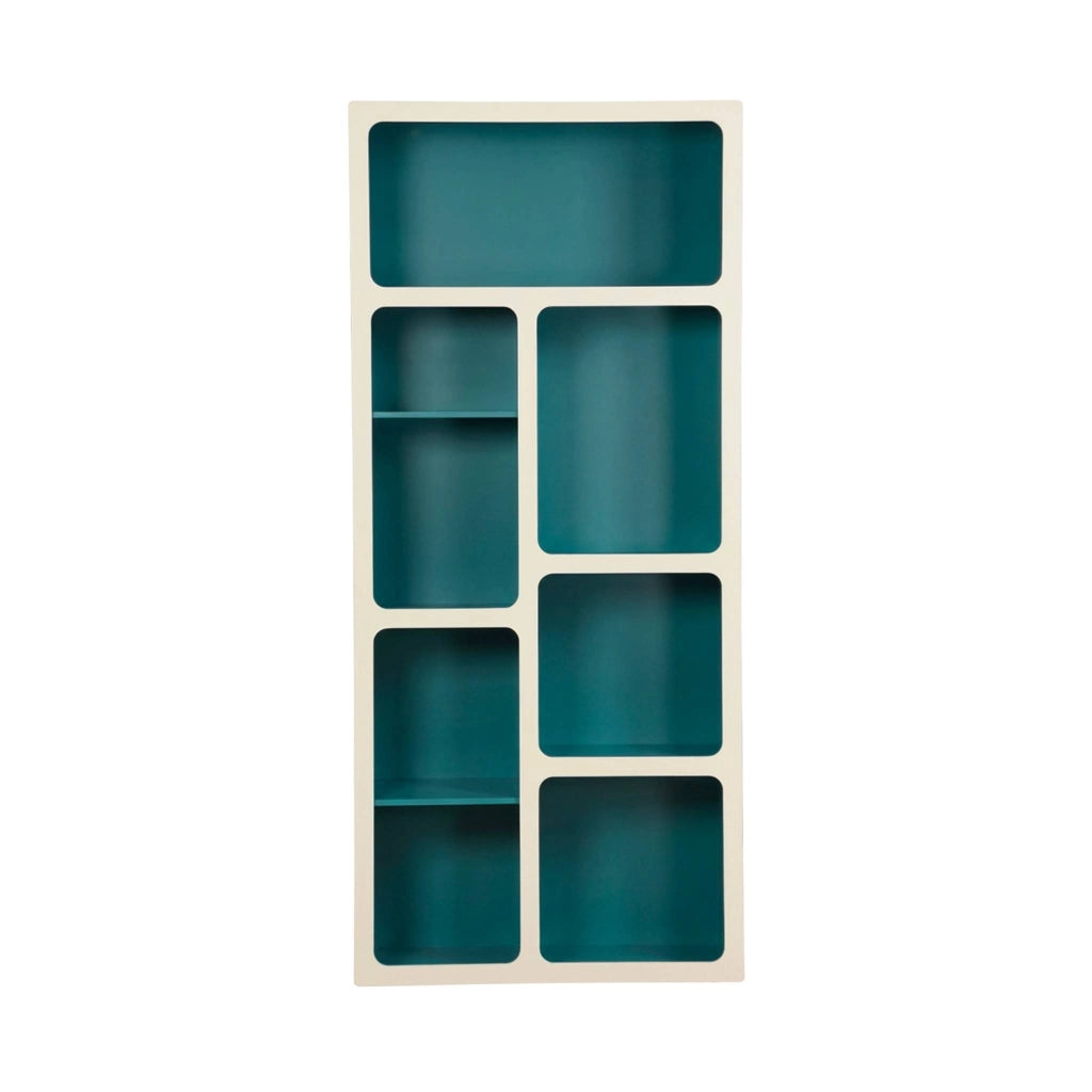 Libreria organica in legno bicolore con 8 scomparti, blu