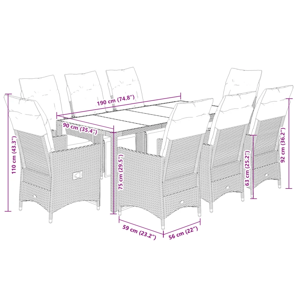 Set da Bistrò da Giardino 9 pz con Cuscini Beige in Polyrattan
