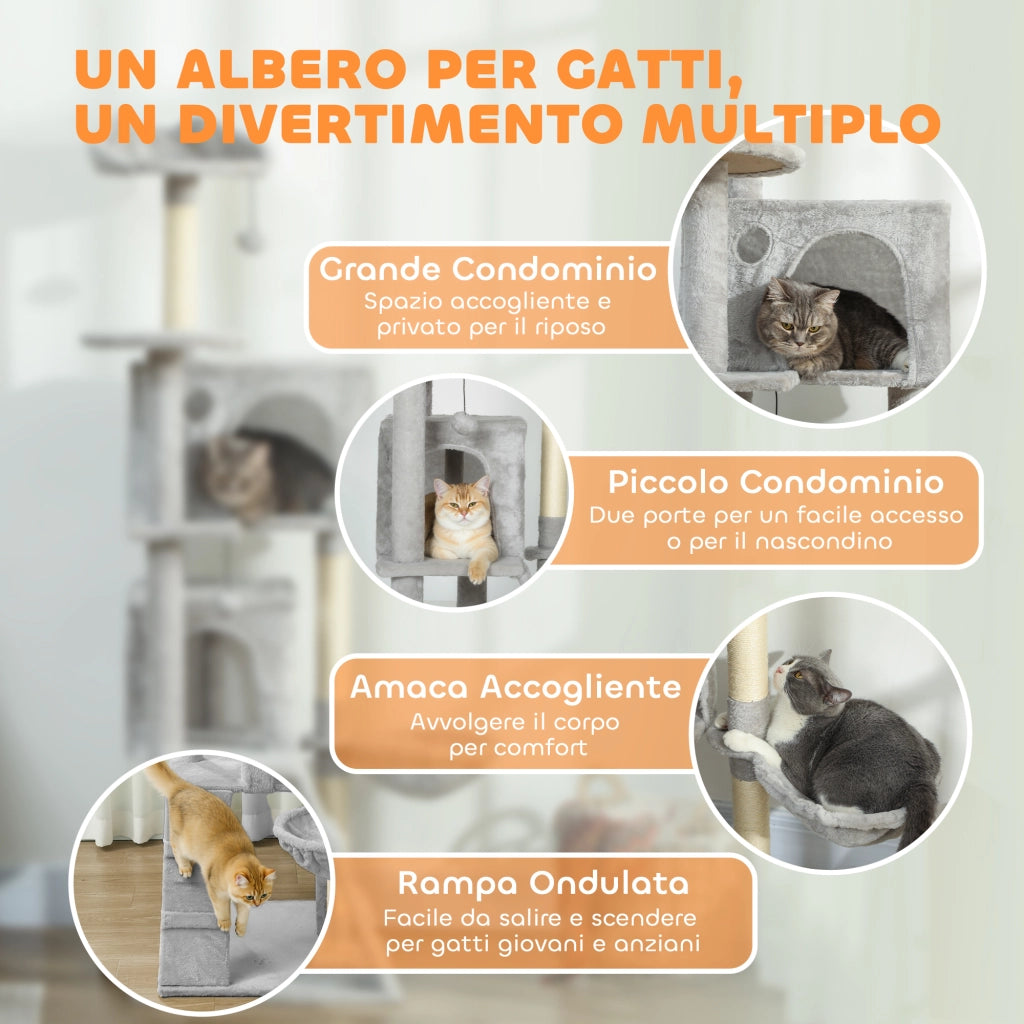 Tiragraffi per Gatti con Casette e Amaca ¨C Xylo ¨C Grigio 48x48x160 cm