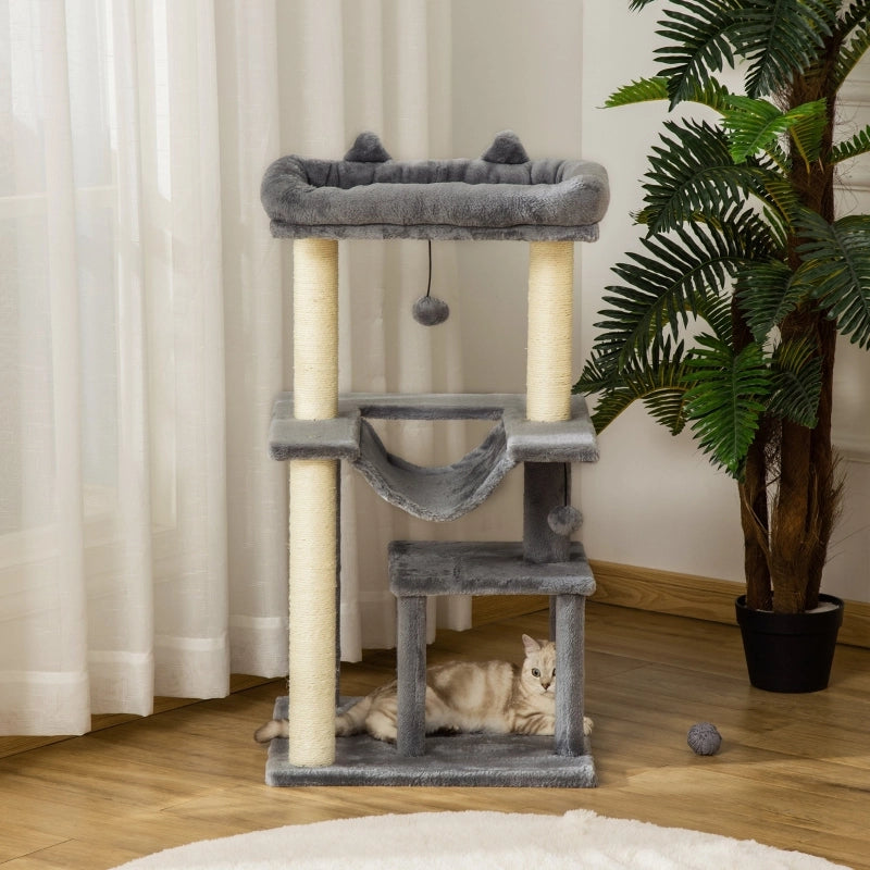 Albero tiragraffi per gatti 90 cm con amaca, cuccia e piattaforme, grigio